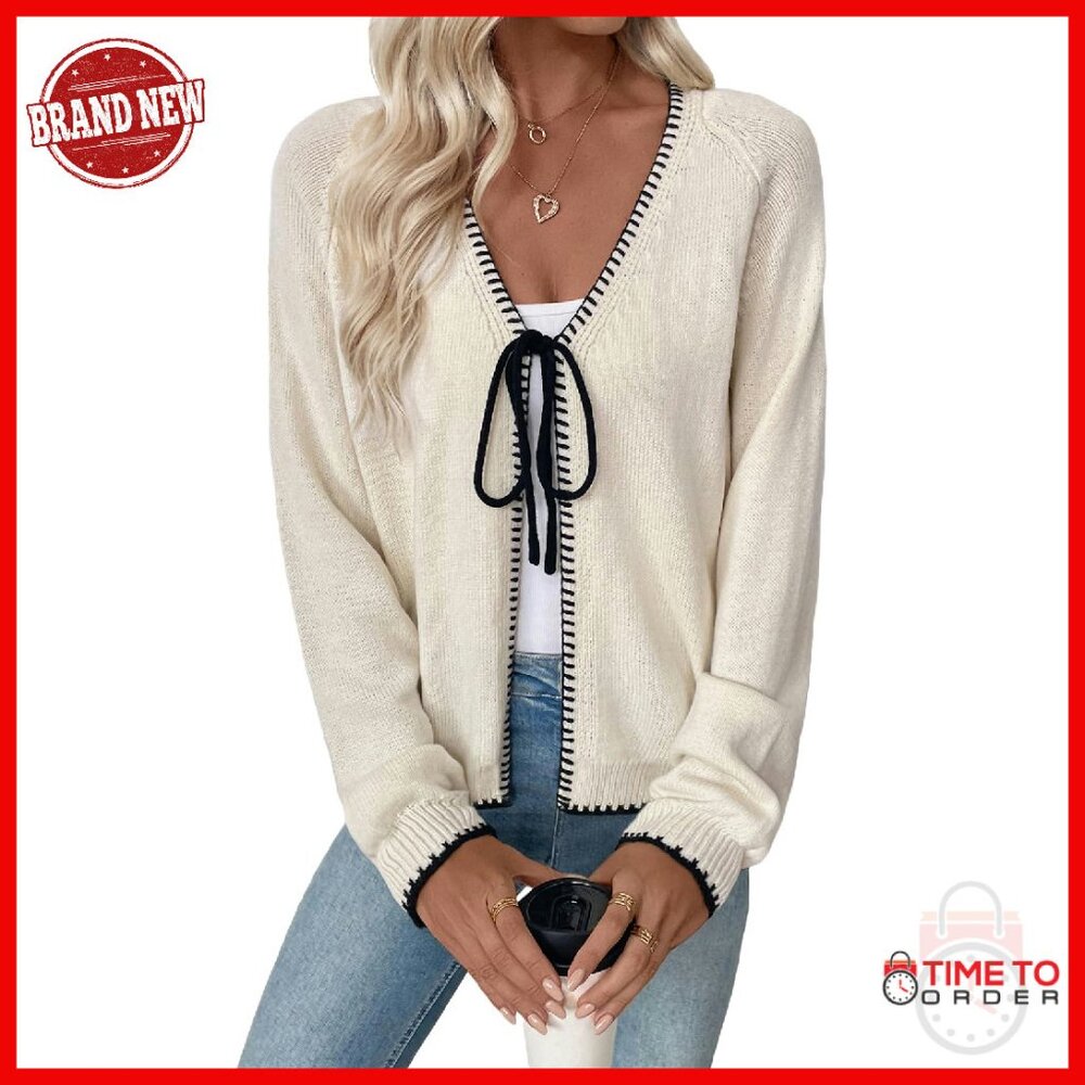 Chunky Knit Cardigan V-Neck Open Front Bow Tie Lightweight Sweater